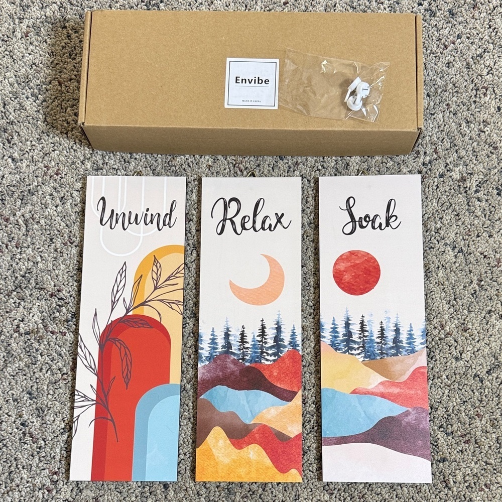 Envibe Relaxation Art Prints Set of 3 Each measures 12”x4” Unwind Relax Soak NIB